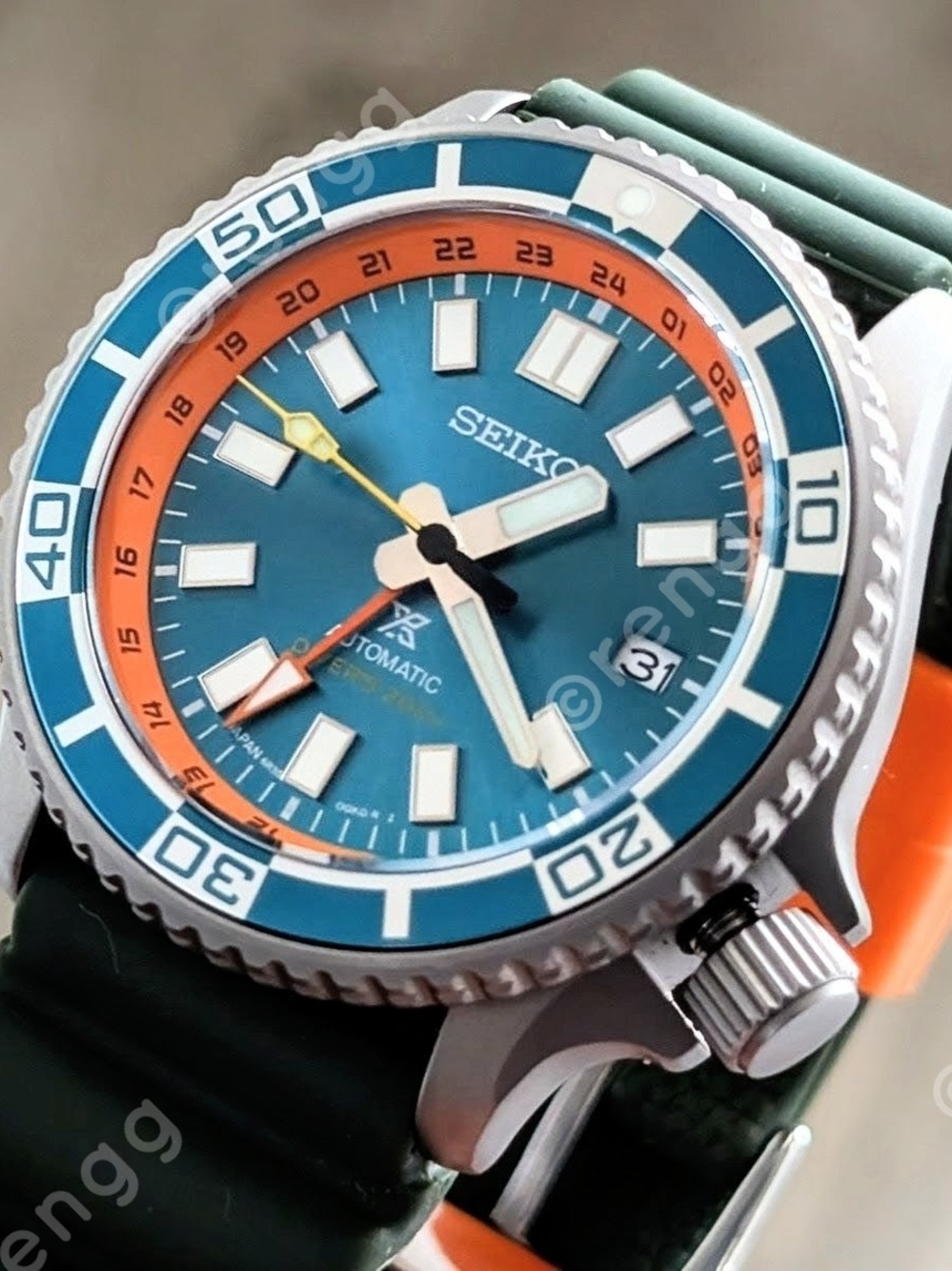 Titanium Automatic GMT Diver 42mm Seiko Green Orange Mod Watch Sapphire 24jewels